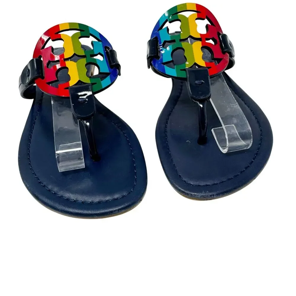 TORY BURCH Navy Blue Rainbow Stripe Miller Logo Patent Leather Sandals Size 6.5